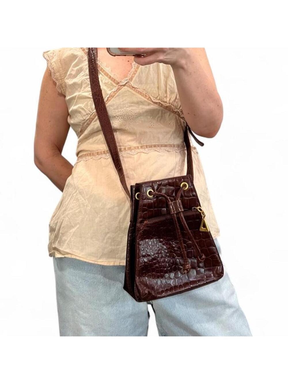 Vintage 90s Brown Croc Embossed Genuine Leather Bucket Bag Y2K Crossbody Purse